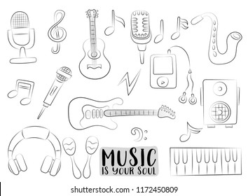 Music art set of icons and objects. Hand drawn doodle cartoon style modern musical trends design concept. Black and white outline coloring page kids game. Monochrome doodle line art vector