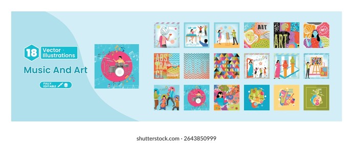 Música e tema de arte. Conjunto de ilustrações que retratam a diversidade das profissões artísticas. Música, pintura e canto. Mega set.