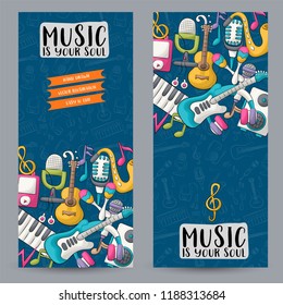 Music art vertical banner set. Cute poster for invitation, advertisement, web page. Hand drawn doodle cartoon style modern musical trends design concept. Vector illustration.