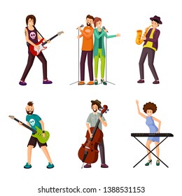 Music artists flat vector characters set. Cartoon male, female musicians playing guitar, saxophone, cello, synthesizer. Cute duet singers, couple, boy, girl enjoying karaoke performance