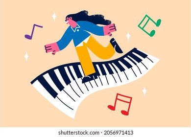 Music And Arts Entertainment Concept. Young Smiling Female Cartoon Character Walking Thought Piano Keyboard With Notes Around Vector Illustration