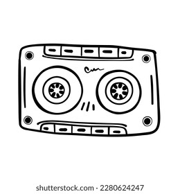 Ilustración del doodle de audio de música. Cinta para grabadora de cinta, reproductor. Cinta retro para música estéreo. Estilo de caricatura, dibujado el vector de la mano.