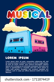 Music audio cassettes and rainbows. Vector illustration on the theme of disco and rock music, disco party. Bright and fashionable image for poster, t-shirts, hoodies, bags and souvenirs.