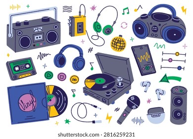 Music and audio devices set, doodle style boombox, cassette player, headphones, CD player, vinyl records, cassette tape, turntable, earbuds. Retro and modern music equipment vector illustration