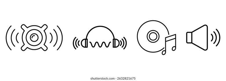 Music audio elements icon vector illustration set with headphones speaker disc wave sound system playlist symbols line art.