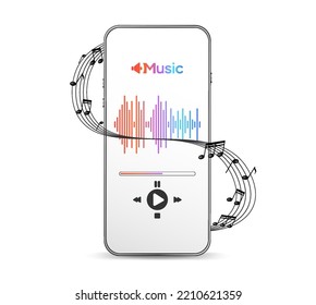 Music audio equipment. Recording sound notes isolated on white background. Mobile smartphone screen with music application, sound headphones. Live online radio player mockup vector.