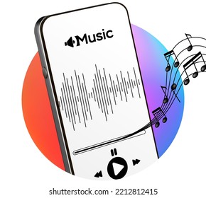 Music audio equipment. Recording sound notes isolated on white background. Mobile smartphone screen with music application, sound headphones. Live online radio player mockup vector.
