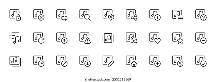 Music and Audio File Management Icon Set. A set of icons for music and audio file management, including actions like play, pause, upload, download, settings, favorites, and edit, in a minimalist outli