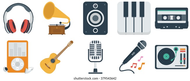 Music and audio flat icons set