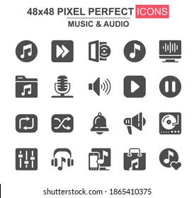 Music and audio glyph icon set. Vinyl record player, mixer, equalizer, headphone, loudspeaker, microphone unique icons. Flat vector bundle for UI UX design. 48x48 pixel perfect GUI pictograms pack.
