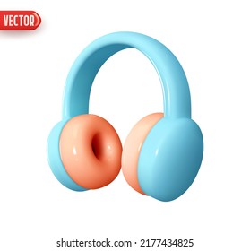 Music audio headphones. Modern audio headset. Realistic 3d design element In plastic cartoon style. Blue Icon isolated on white background. Vector illustration