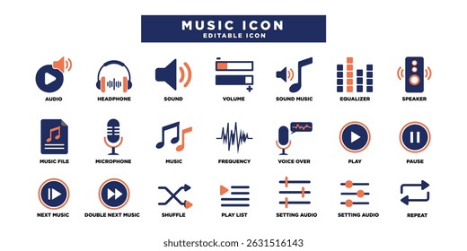 Música Conjunto de ícones de Áudio. Contendo fones de ouvido, som, música, volume, fones de ouvido, equalizador e ícones de alto-falante. Coleção de ícones vetoriais editáveis do Solid.