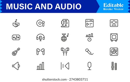 Music and Audio icon set, Creative Sound Design Audio and Music Line Icon Pack  Modern, Clean, Vector-Based Graphics.