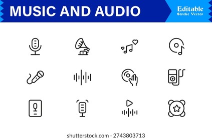 Music and Audio icon set, Creative Sound Design Audio and Music Line Icon Pack  Modern, Clean, Vector-Based Graphics.