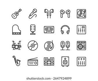 Music and Audio Icon Set - Vector Symbols of Instruments, Headphones, Speakers, and Sound Equipment for Digital and Graphic Design