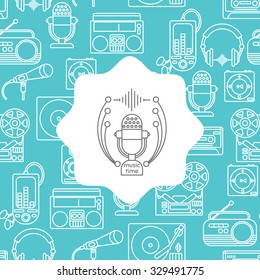 Music and audio icons in a linear style, seamless pattern with the emblem of music for your design.