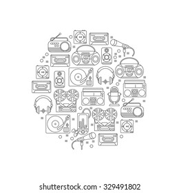 Music and audio icons in a linear style,  symbols of retro tape, cassette,  turntable, records in a circular shape.