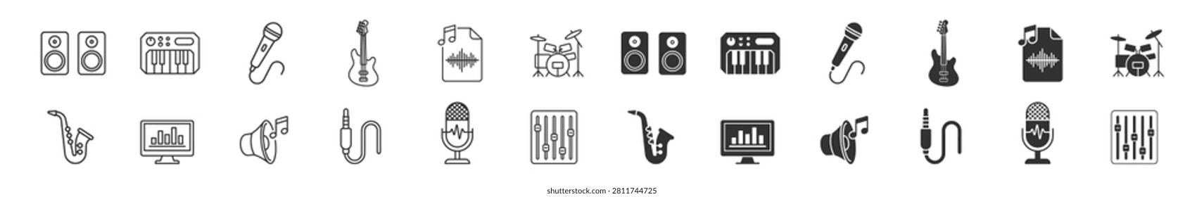 music and audio icons set including speakers, keyboard, microphone, guitar, music file, drum set, saxophone, computer monitor, speaker cone, jack plug, sound mixer on transparent background