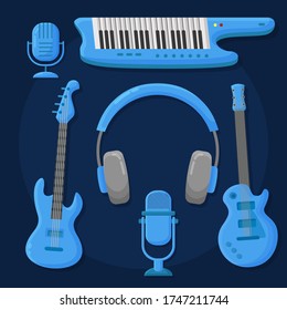 music and audio instrument. guitar headphone and mic for record music