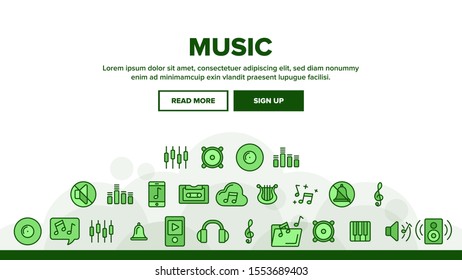 Music, Audio Landing Web Page Header Banner Template Vector. Music Listening Apps, Audio Files Storage Linear Pictograms. Old, Modern Voice Recording Technology. Speakers, Settings Illustration