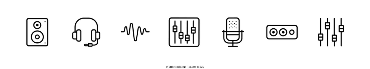 Music, audio line icon set - headphones, speaker, microphone, equalizer symbols