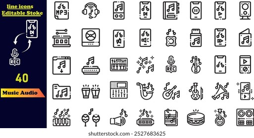 Music and audio line icons collection. Big UI icon set in a flat design. 