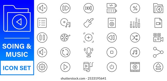 Music and audio line icons collection. Big UI icon set in a flat design. Thin outline icons pack.