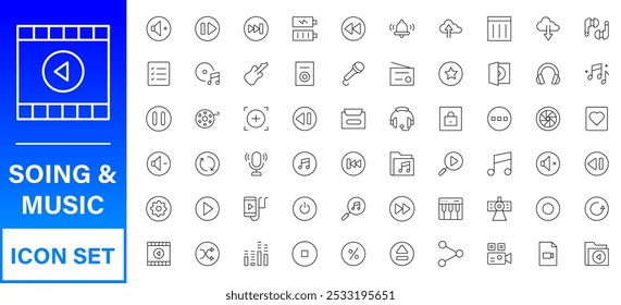 Music and audio line icons collection. Big UI icon set in a flat design. Thin outline icons pack.