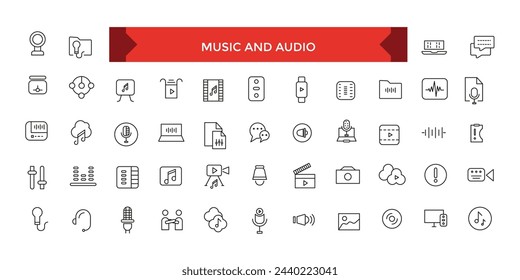 Music and Audio line stroke vector icon set, Sound Voulme, audio wave, soundbeat, speaker.