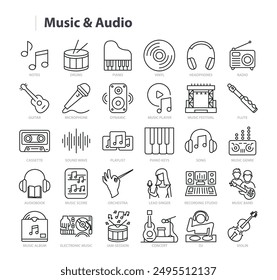 Music and Audio Line Vector Icon Collection. A set of outline icons related to Headphones, Sound, Piano, Radio, Music Genre, Festival, Speaker and more. Editable stroke. Vector illustration