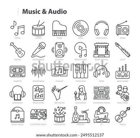 Music and Audio Line Vector Icon Collection. A set of outline icons related to Headphones, Sound, Piano, Radio, Music Genre, Festival, Speaker and more. Editable stroke. Vector illustration