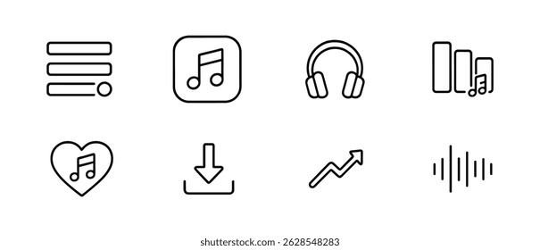 Música, conjunto de iconos lineales de audio - auriculares, lista de reproducción, ecualizador