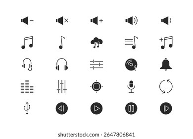 Music and Audio Multimedia Icon Set in solid Black Style