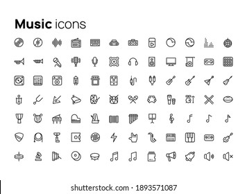 Musik, Audio- und Musikinstrumente. Hochwertige Konzepte linearer minimalistischer flacher Vektorsymbole für Webseiten, Schnittstelle von mobilen Anwendungen und Design von gedruckten Produkten.