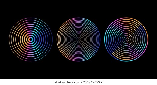 Music audio neon sound waves circles vector set. Epicenter, target, radar icons isolated on black background.