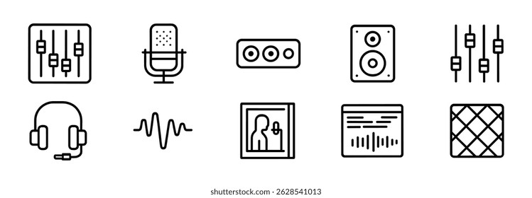Music, audio outline icon set - linear headphones, microphone, and sound symbols
