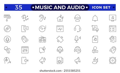 Music and Audio Outline icons set. Media, camera movie, voice, radio, music streaming, photography, headphones, cinema, podcast, broadcasting, content outline icon collection. 
