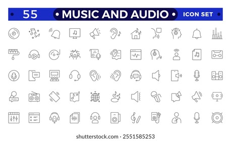 Music and Audio Outline icons set. Media, camera movie, voice, radio, music streaming, photography, headphones, cinema, podcast, broadcasting, content outline icon collection. 
