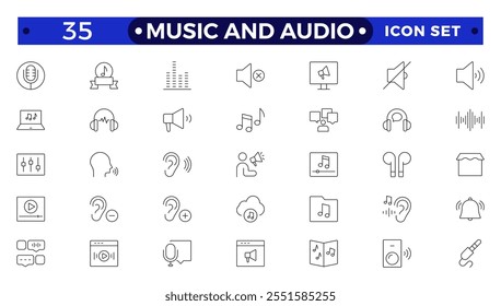 Music and Audio Outline icons set. Media, camera movie, voice, radio, music streaming, photography, headphones, cinema, podcast, broadcasting, content outline icon collection. 
