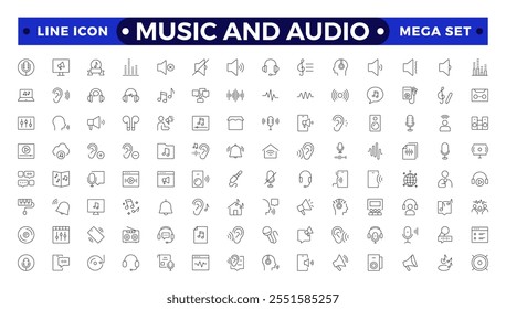 Music and Audio Outline icons set. Media, camera movie, voice, radio, music streaming, photography, headphones, cinema, podcast, broadcasting, content outline icon collection. 
