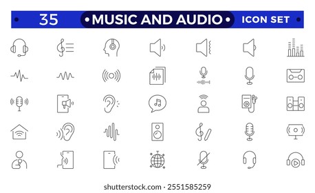 Music and Audio Outline icons set. Media, camera movie, voice, radio, music streaming, photography, headphones, cinema, podcast, broadcasting, content outline icon collection. 
