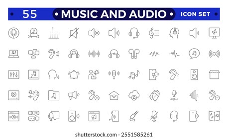 Music and Audio Outline icons set. Media, camera movie, voice, radio, music streaming, photography, headphones, cinema, podcast, broadcasting, content outline icon collection. 
