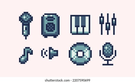 Musik, Audio-Pixelart-Set. Lautsprecher, Mikrofon, CD und Klavierkollektion. Symbole senden. 8-Bit-Sprite. Spielentwicklung, mobile App.  Einzige Vektorgrafik.