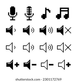 Music, audio pixel art set, microphone, music notes, speaker volume level icon