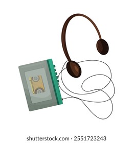 Reproductor de audio musical y auriculares de los años 80-90. 1980 y 1990. Cultura musical. Retro. Estética de los 90. Ilustración vectorial aislada sobre fondo blanco