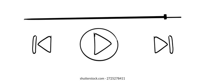 Doodle de Plantilla de diseño de interfaz de reproductor de audio de música. Video Icono de la barra de la interfaz de juego, exhibición del registro de voz. Lista de reproducción de podcast, jugar al Botón. Canción simple ecualizador, registro.