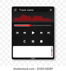 Interfaz de usuario del reproductor de audio de la música en negro con los Elementos rojos. Interfaz musical para tocar la pista. Ilustración vectorial aislada sobre fondo blanco