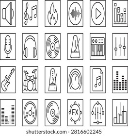 Music and audio production linear icon collection with production recording equipment technology microphone headphones amplifier metronome equalizer instruments electronic musicproduction