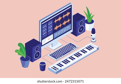 Music and audio production on computer screen - PC desktop in isometric view with speakers, microphone and software of stereo sound editing. Isometric view flat design vector illustration