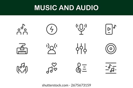 Music and Audio Professional Line Icon Set – Modern Minimalist Vector Symbols for Playlists and Sound